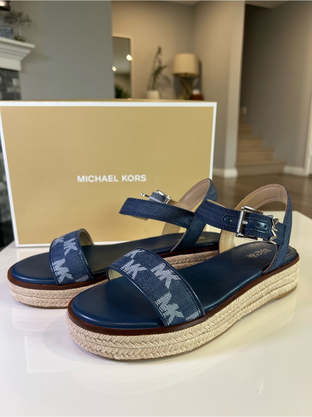 Michael Kors Blue MK Logo Espadrille Platform Sandals